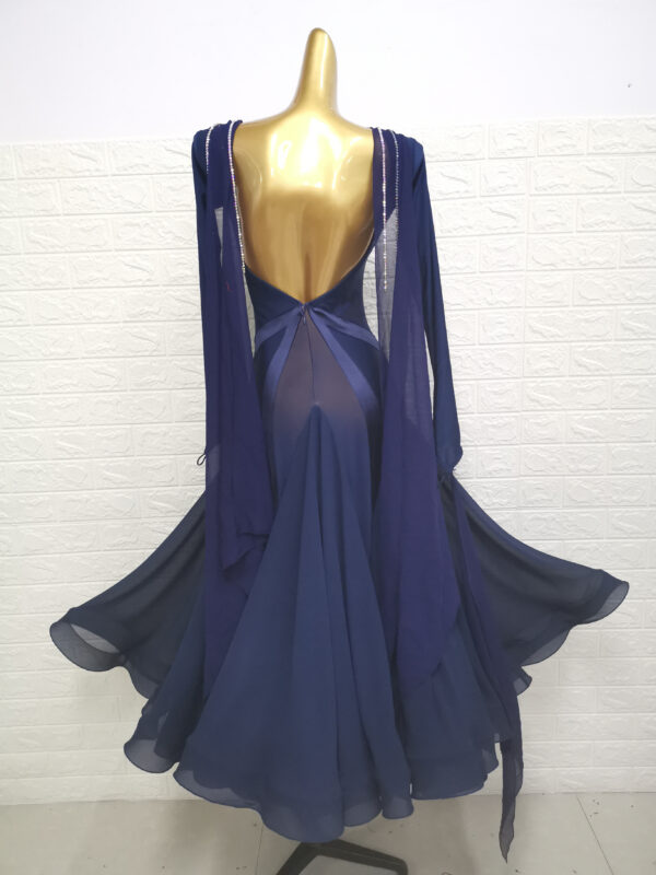 Dark blue ballroom and smooth dance dress with velvet stripes on waist, with or without floats - Image 2