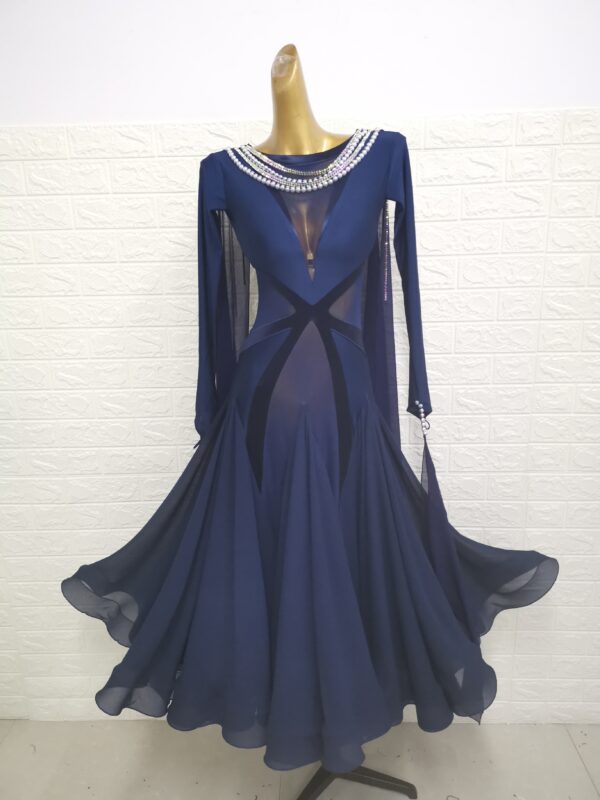 Dark blue ballroom and smooth dance dress with velvet stripes on waist, with or without floats