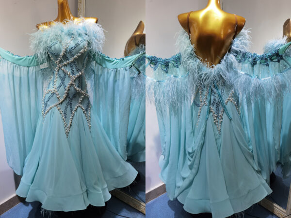 Light blue ballroom and smooth dance dress with feathers and pearls, with or without floats - Image 3