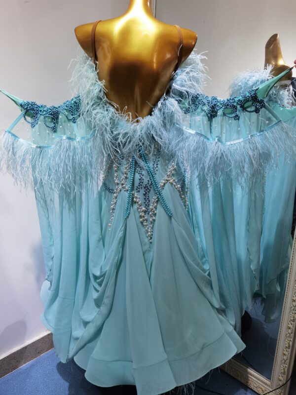 Light blue ballroom and smooth dance dress with feathers and pearls, with or without floats - Image 2