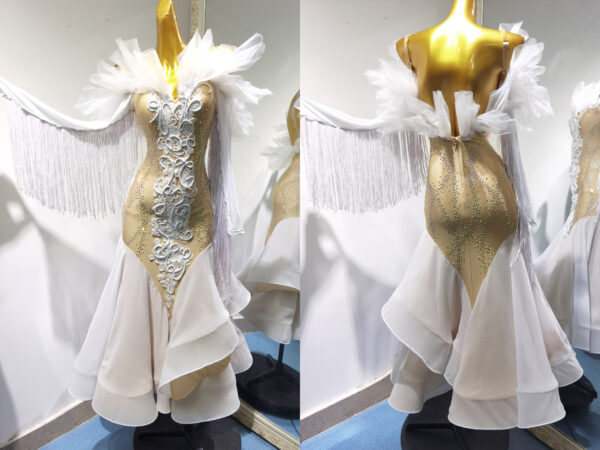 White ballroom and smooth dance dress with lace and fringe, with or without floats - Image 3