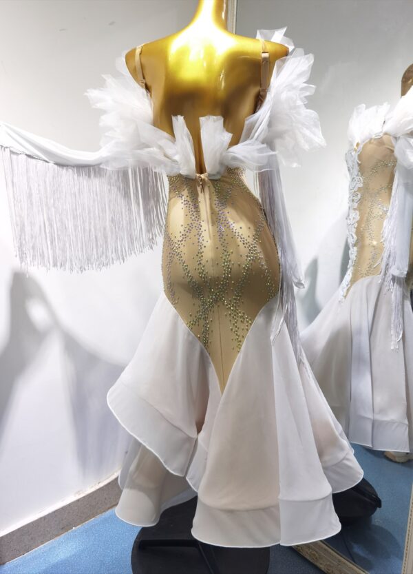White ballroom and smooth dance dress with lace and fringe, with or without floats - Image 2