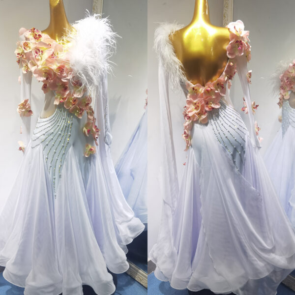 White ballroom and smooth dance dress with ostrich feathers and orange pink orchid flowers and pearls, with or without floats - Image 3