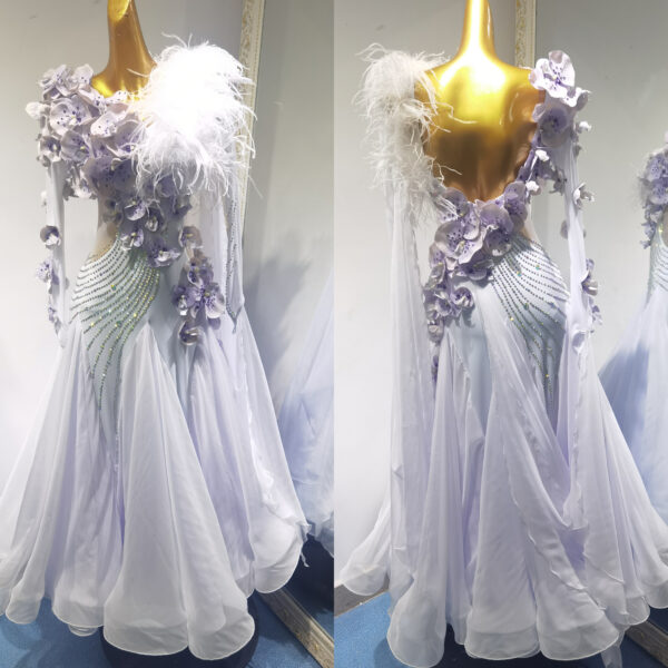 White ballroom and smooth dance dress with ostrich feathers and light purple orchid flowers, with or without floats - Image 2