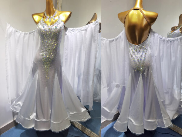 White ballroom and smooth dance dress with crystals, with or without floats - Image 3