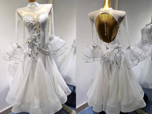 White ballroom and smooth dance dress with pearls and bell sleeves, with or without floats - Image 3