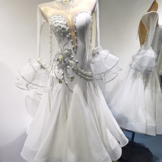 white ballroom dress with bell sleeves