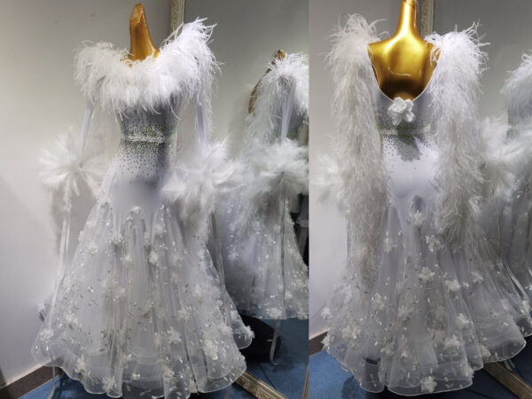 White ballroom and smooth dance dress with ostrich feathers and flowers, with or without floats - Image 3