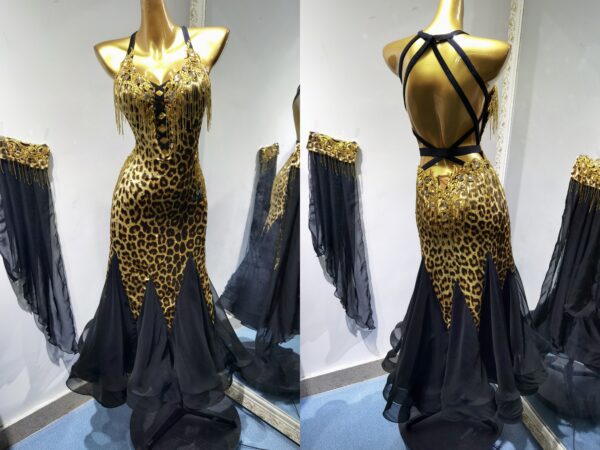 Leopard ballroom and smooth dance dress with golden color crystals and beaded fringe, with or without floats - Image 3