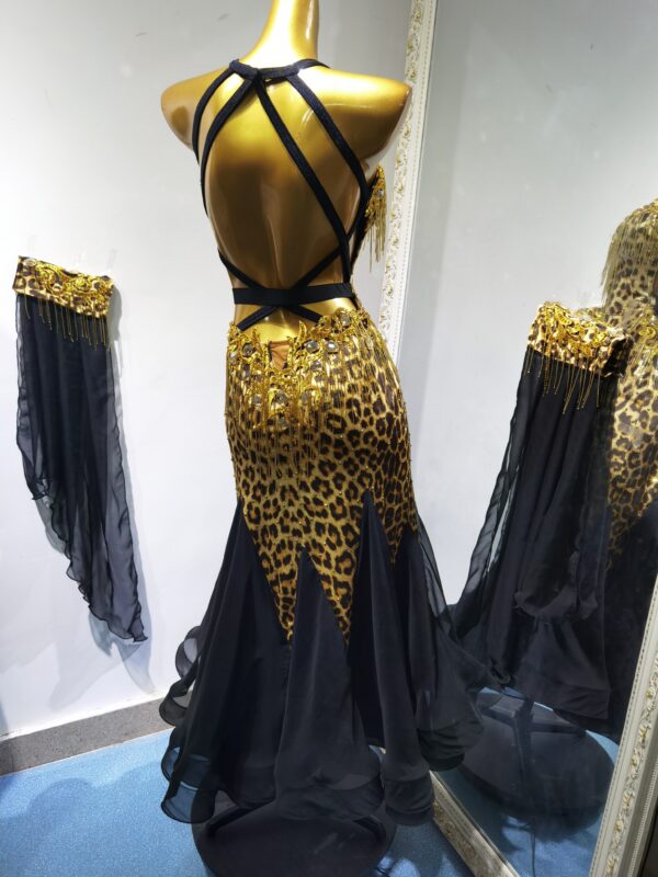 Leopard ballroom and smooth dance dress with golden color crystals and beaded fringe, with or without floats - Image 2