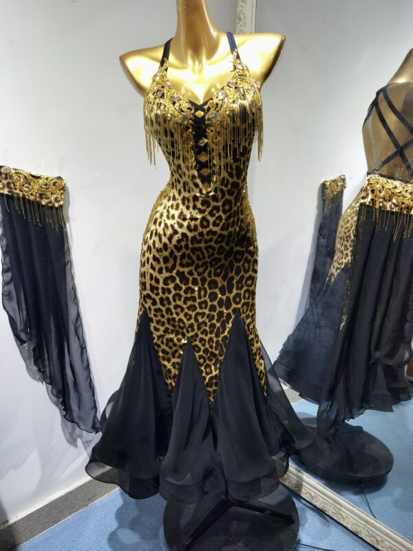 Leopard ballroom and smooth dance dress with golden color crystals and beaded fringe, with or without floats