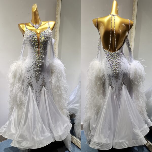 White ballroom and smooth dance dress with crystals, pearls, and ostrich feathers, with or without floats - Image 3