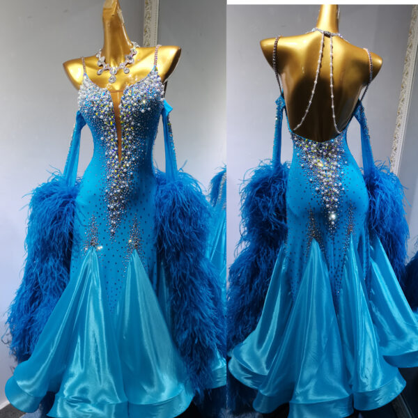 Blue ballroom and smooth dance dress with crystals, pearls, and ostrich feathers, with or without floats - Image 3