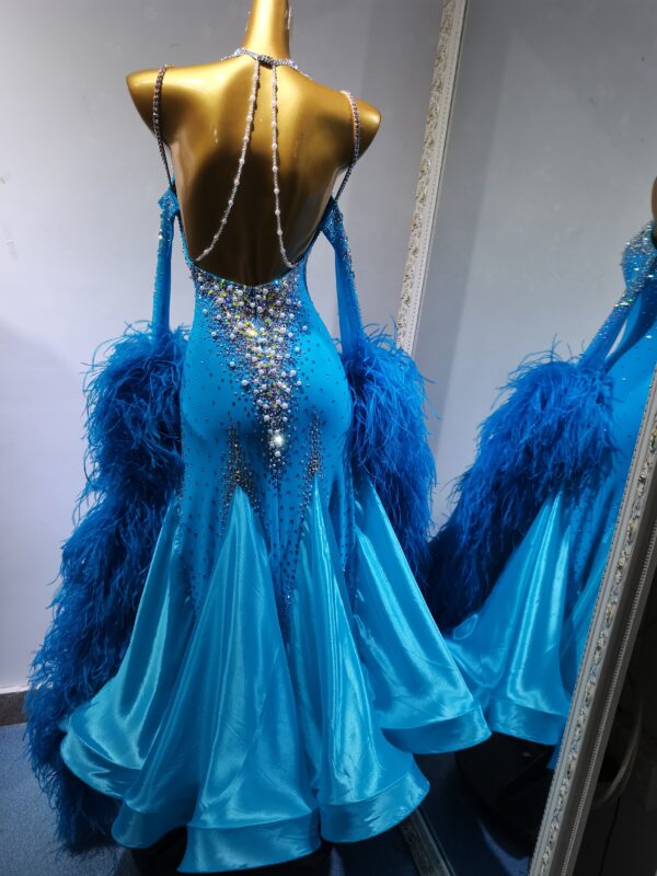 Blue ballroom and smooth dance dress with crystals, pearls, and ostrich feathers, with or without floats - Image 2