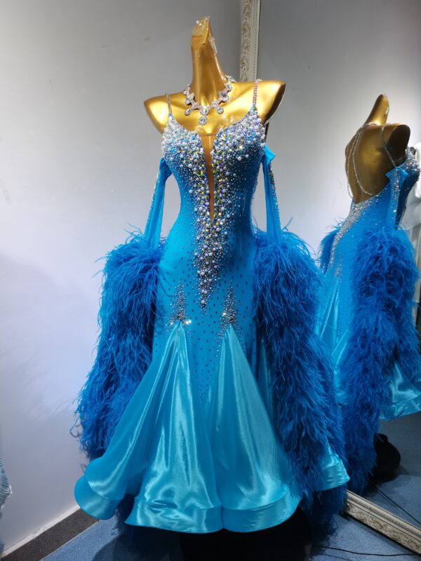 Blue ballroom and smooth dance dress with crystals, pearls, and ostrich feathers, with or without floats