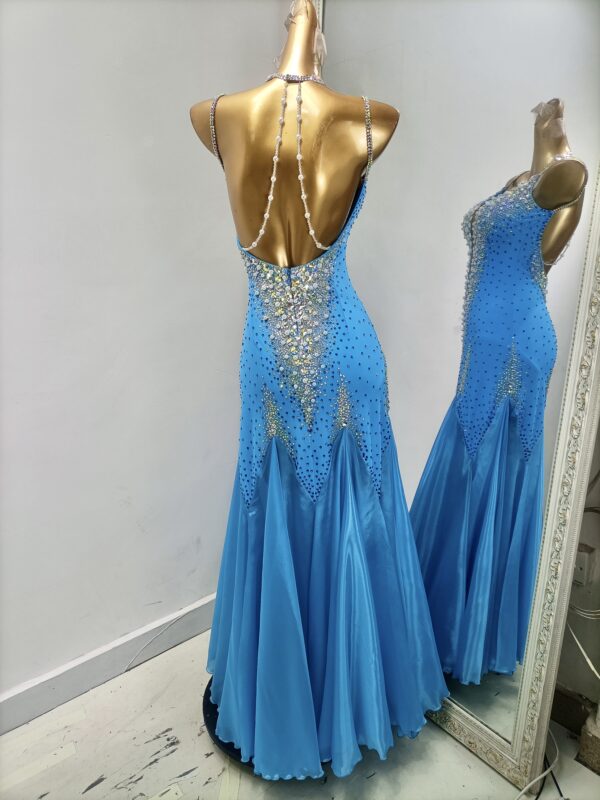 Blue smooth dance dress with crystals, pearls, and slit - Image 2