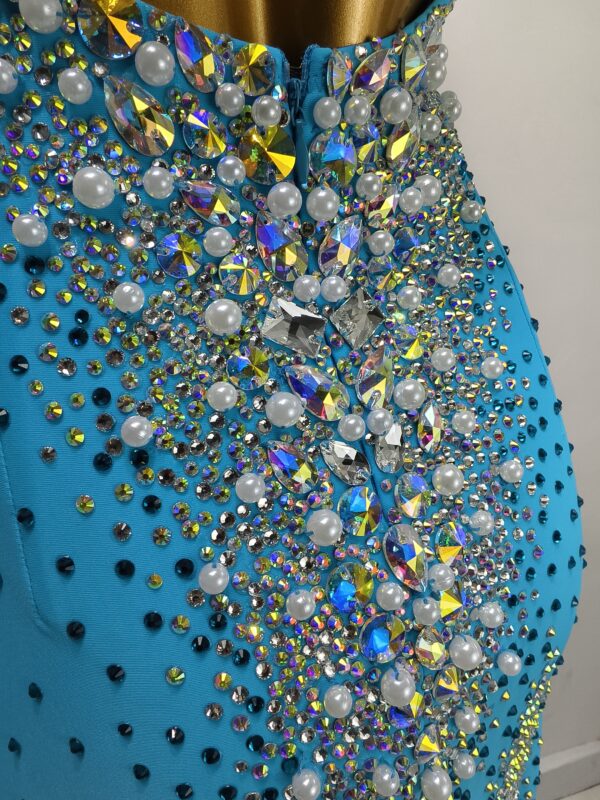 Blue smooth dance dress with crystals, pearls, and slit - Image 3