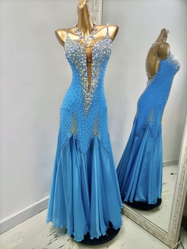 Blue smooth dance dress with crystals, pearls, and slit