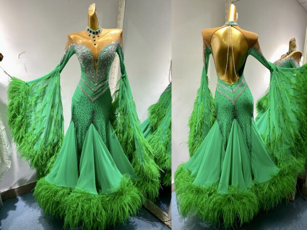 Green ballroom and smooth dance dress with bell sleeves and ostrich feathers and crystals, with or without floats - Image 3