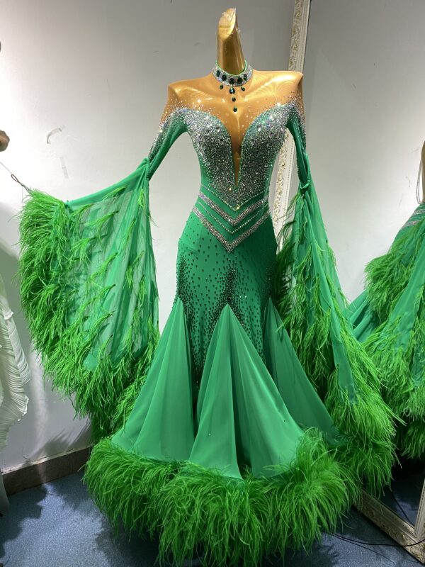 Green ballroom and smooth dance dress with bell sleeves and ostrich feathers and crystals, with or without floats