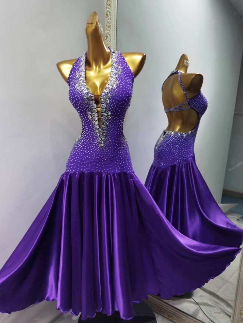 B0123-front purple ballroom dance dress with open back