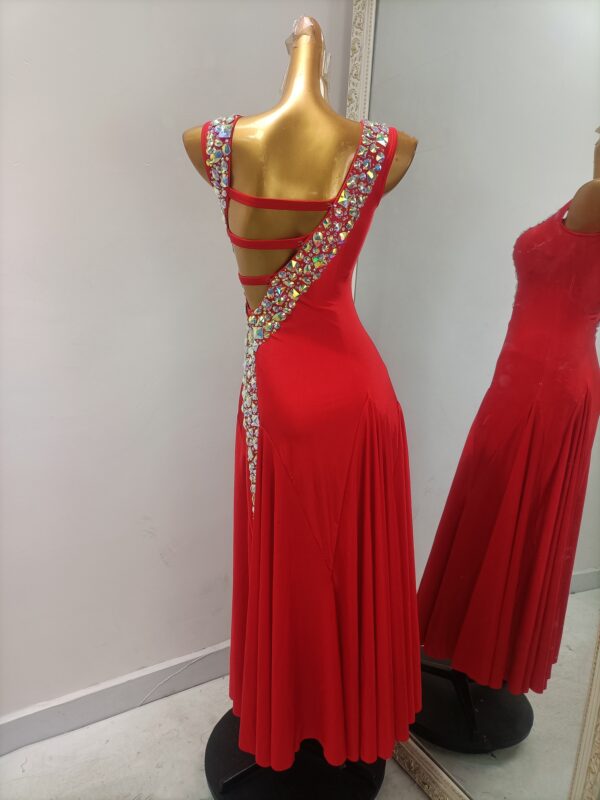 Red smooth dance dress with stones and slit - Image 2