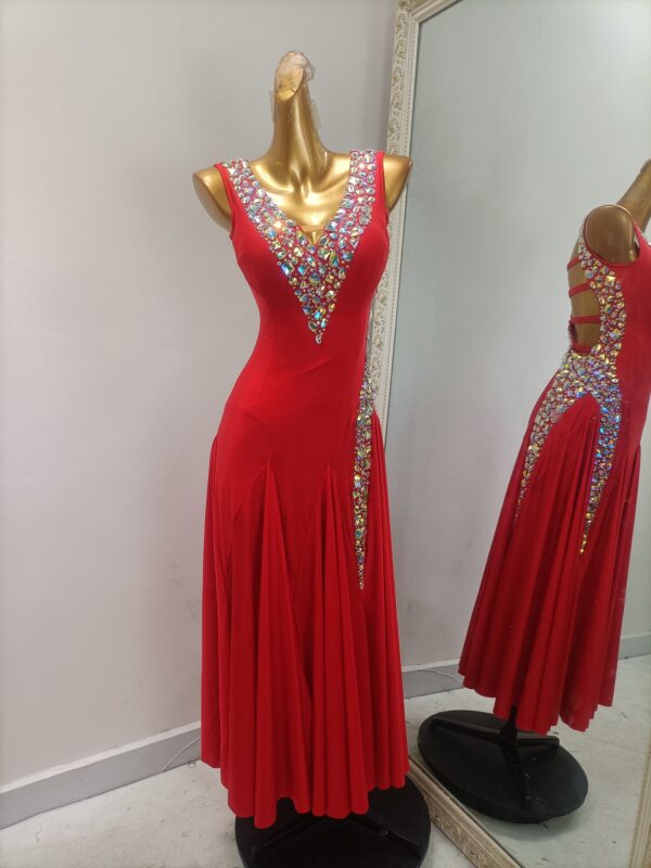 Red smooth dance dress with stones and slit