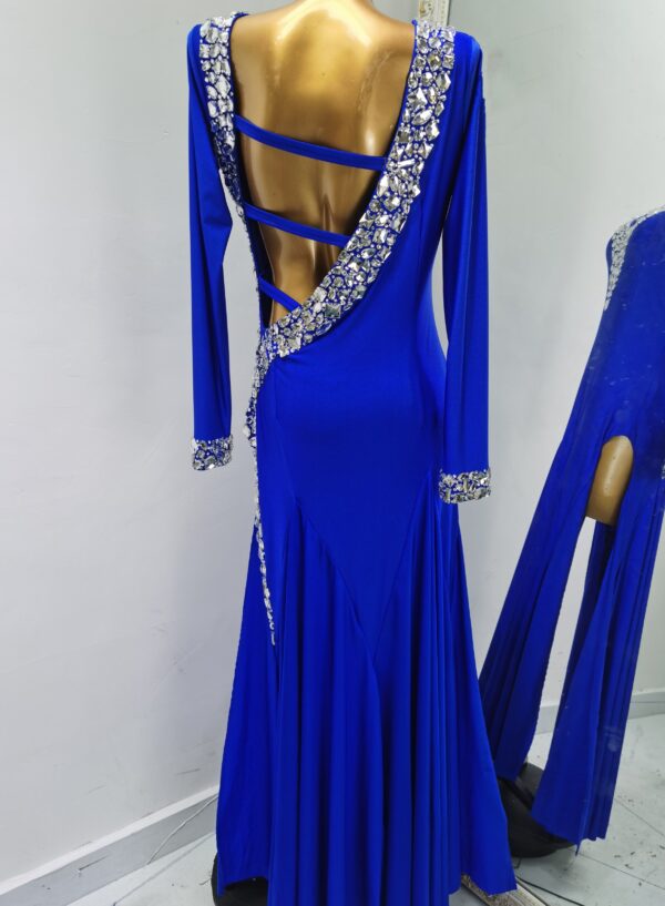 Blue smooth dance dress with white stones and slit - Image 2