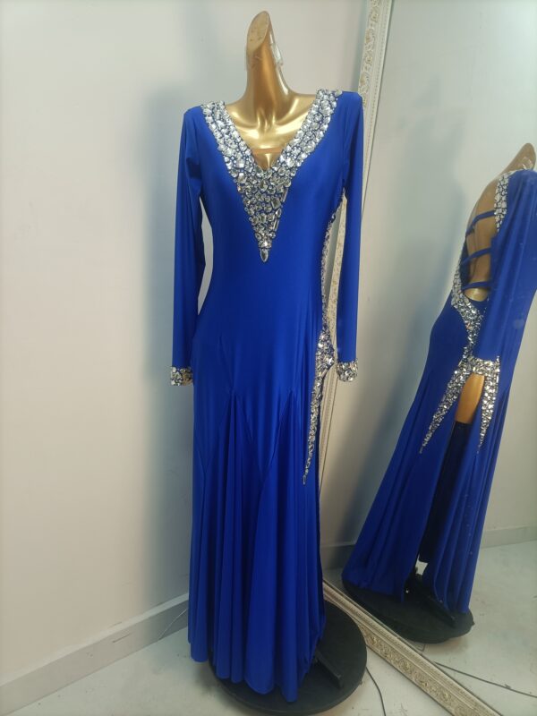 Blue smooth dance dress with white stones and slit