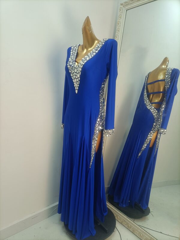 Blue smooth dance dress with white stones and slit - Image 3