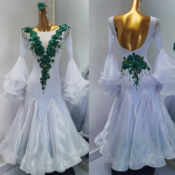 White ballroom and smooth dance dress with green flowers and bell sleeves - Image 3