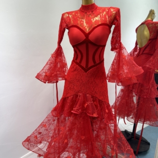 red ballroom dance dress with lace