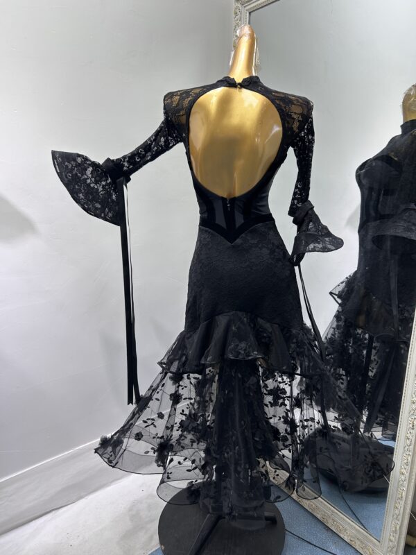 Black ballroom and smooth dance dress with lace and bell sleeves - Image 2