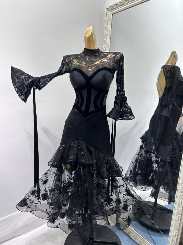 Black ballroom and smooth dance dress with lace and bell sleeves