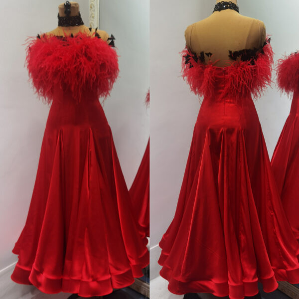 Red ballroom and smooth dance dress with ostrich feathers - Image 3