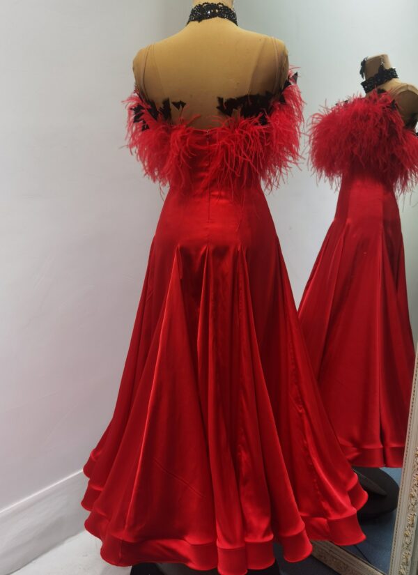 Red ballroom and smooth dance dress with ostrich feathers - Image 2