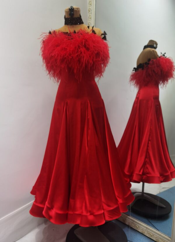 Red ballroom and smooth dance dress with ostrich feathers