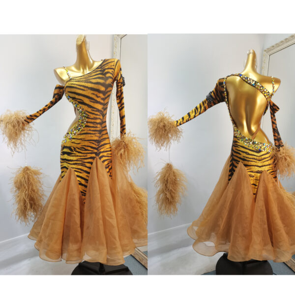 Tiger print ballroom and smooth dance dress with ostrich feathers, with or without floats - Image 3