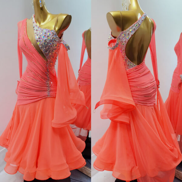 Orange pink ballroom and smooth dance dress with bell sleeves - Image 3