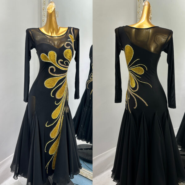 Black ballroom and smooth dance dress with golden glittering pattern, with or without floats - Image 3