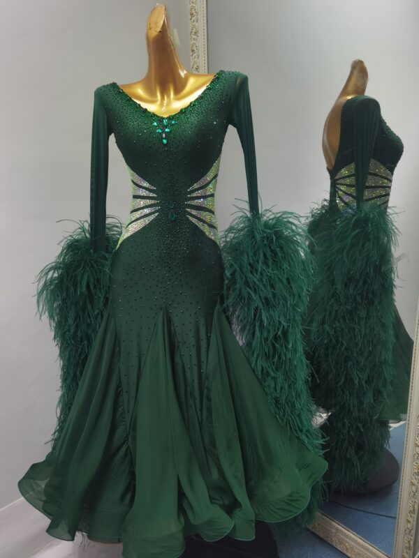 Emerald green smooth dance dress with ostrich feathers, with or without sleeves