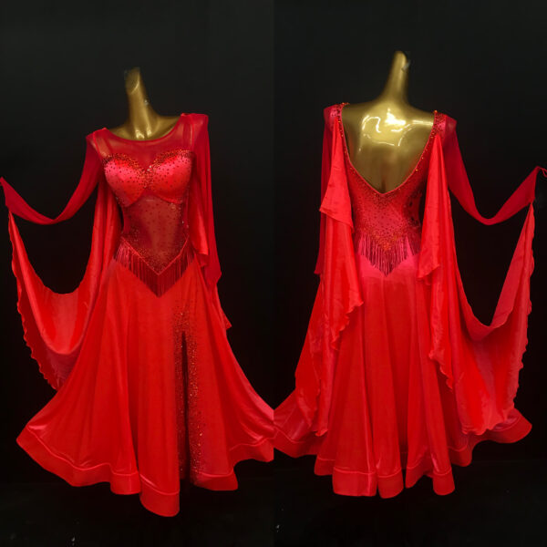 Red ballroom and smooth dance dress with beaded fringe and slit, with or without floats - Image 3