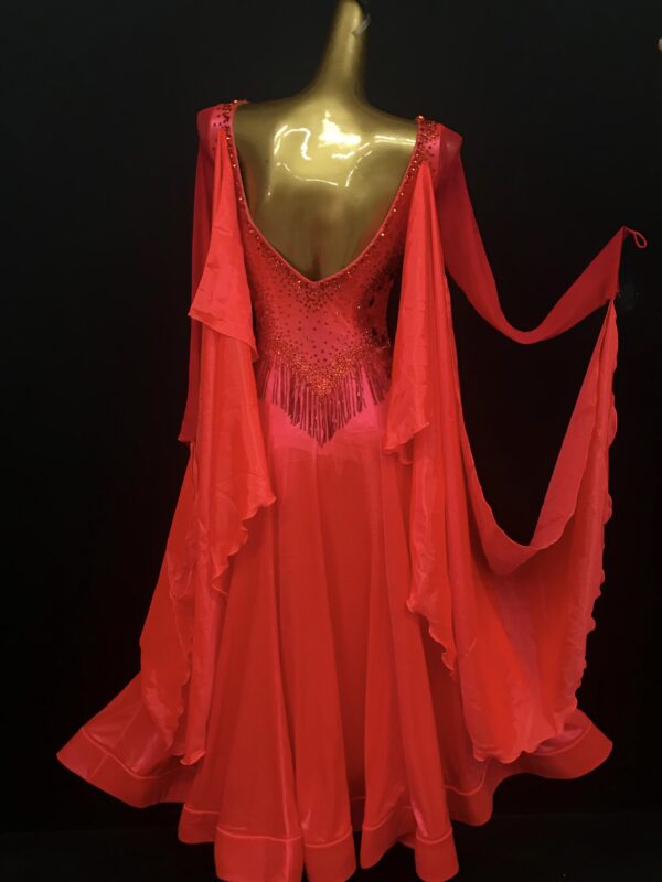 Red ballroom and smooth dance dress with beaded fringe and slit, with or without floats - Image 2