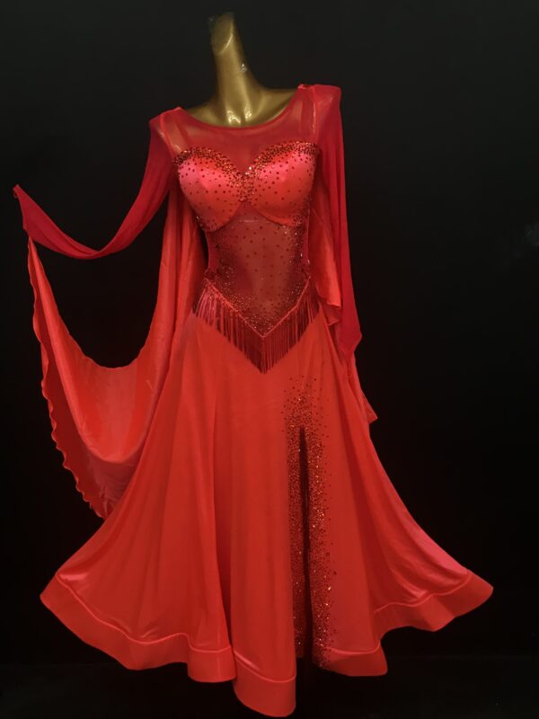 Red ballroom and smooth dance dress with beaded fringe and slit, with or without floats