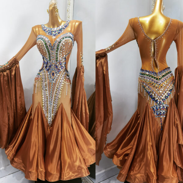 Bronze ballroom and smooth dance dress with colorful stones, with or without floats - Image 3