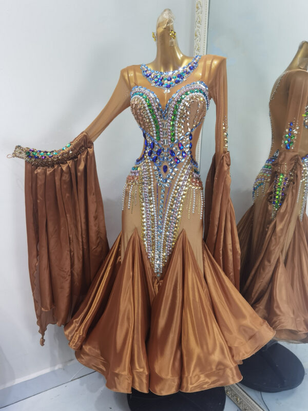 Bronze ballroom and smooth dance dress with colorful stones, with or without floats