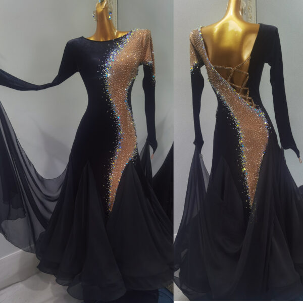 Black ballroom and smooth dance dress with nude stripe and crystals, with or without floats - Image 4