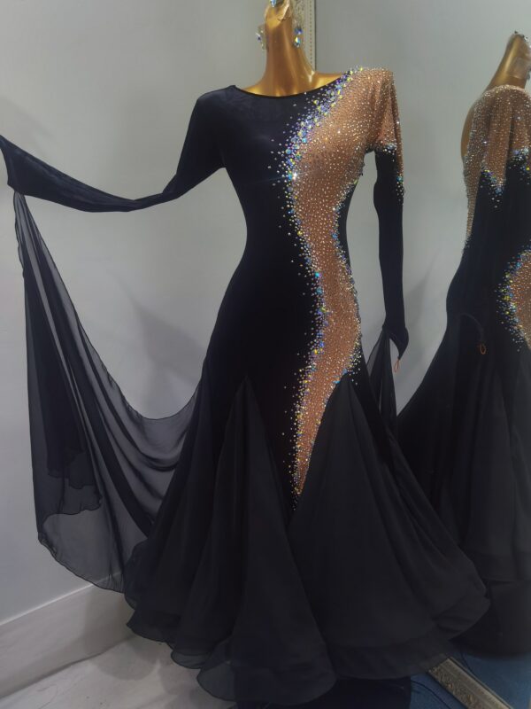 Black ballroom and smooth dance dress with nude stripe and crystals, with or without floats