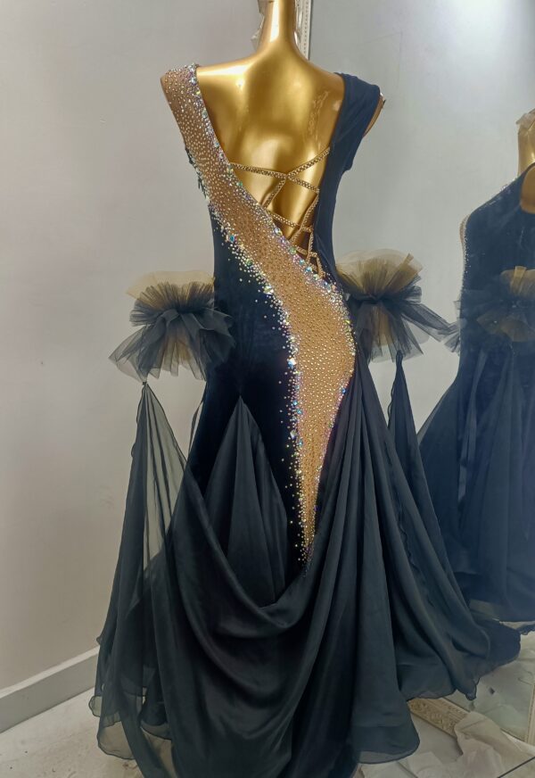 Black ballroom and smooth dance dress with nude stripe and crystals, with or without floats - Image 2