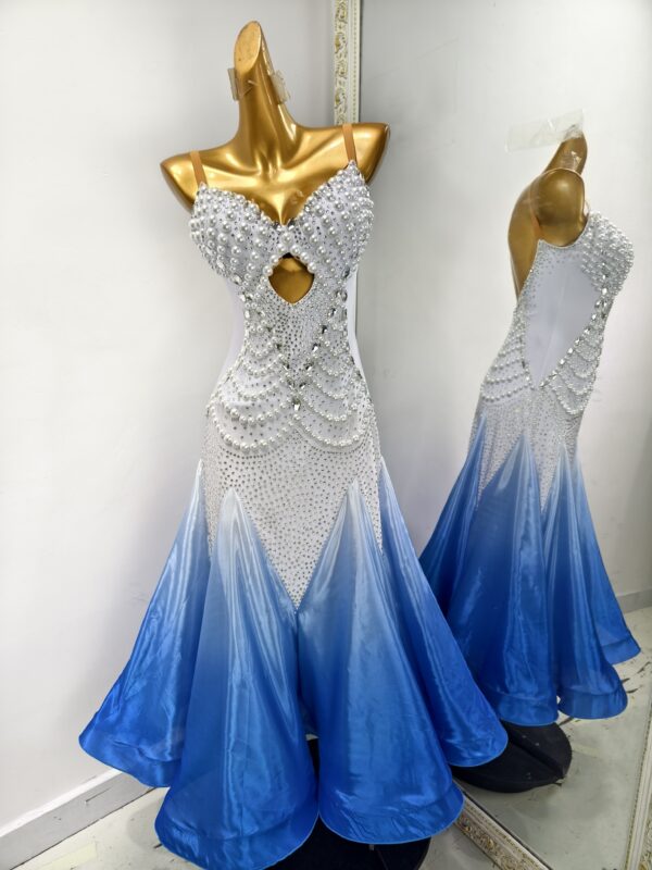 Ombre white and blue ballroom and smooth dance dress with pearls